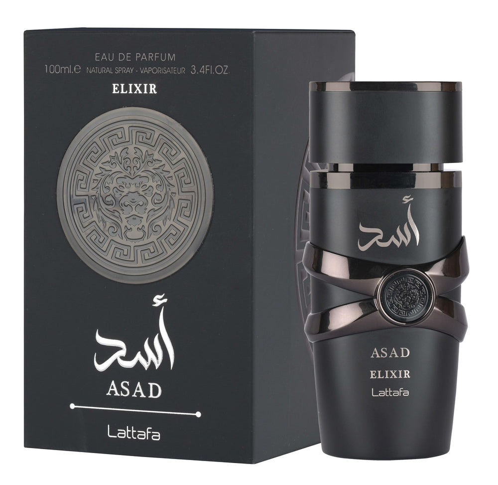 Lattafa Asad Elixir EDP bottle front view, signaling a bold evening fragrance