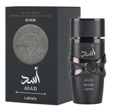 Lattafa Asad Elixir EDP bottle front view, signaling a bold evening fragrance