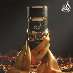Lattafa Asad packaging front emphasizing imported luxury and unisex fragrance