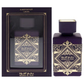 Lattafa Bade'e Al Oud Amethyst bottle front showcases elegant design for any occasion.