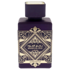 Lattafa Bade'e Al Oud Amethyst bottle side highlights sleek silhouette and premium aura.