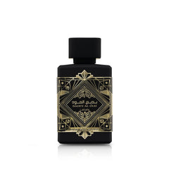 Lattafa Bade’e Al Oud bottle front view highlights warm amber-woody character for evenings.