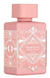 Lattafa Bade'e Al Oud Noble Blush bottle showing Rose Milk top notes for romance