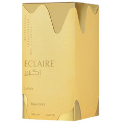 Lattafa Eclaire Banoffi packaging highlights playful luxury and sweetness.