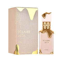 Lattafa Eclaire top notes caramel, milk, and sugar offer a sweet opening.