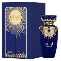 Lattafa Emaan bottle side view showing balanced presence.