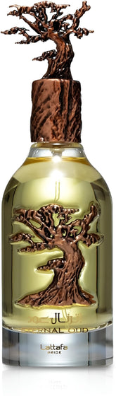 Lattafa Eternal Oud bottle viewed from the front, highlighting amber-oud allure for evening wear.
