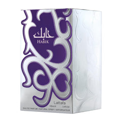 Lattafa Habik outer box emphasizes luxury branding for premium presentation.