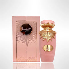 Lattafa Haya EDP close-up of top notes citrus, ideal for daytime wear.