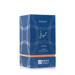 Lattafa Hayaati Al Maleky packaging box front, premium gifting presentation.