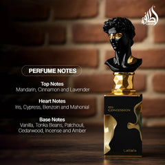 Lattafa His Confession packaging box highlighting premium fragrance packaging.