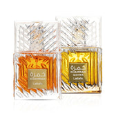 Lattafa Khamrah bottle highlighting spice notes for a warm, inviting aura.