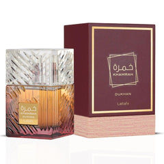 Lattafa Khamrah Dukhan bottle side profile showing elegant shape for everyday sparkle.