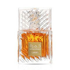 Lattafa Khamrah eau de parfum bottle with warm vanilla and spice for evening wear.