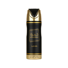 Lattafa Khamrah bottle on a vanity, long-lasting fragrance for daily wear.