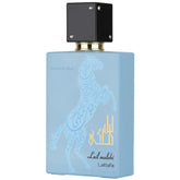 Lattafa Lail Maleki Moroccan Blue bottle close-up highlighting oud notes for evening wear