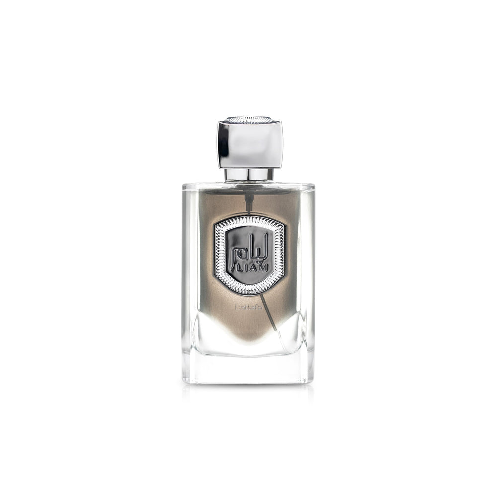 Lattafa Liam Grey EDP bottle front shows unisex fragrance for day or night wear