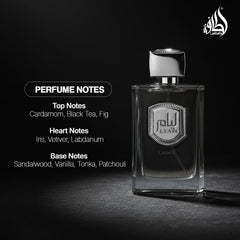Lattafa Liam Grey EDP hand hold demonstrates easy portable aroma for travel