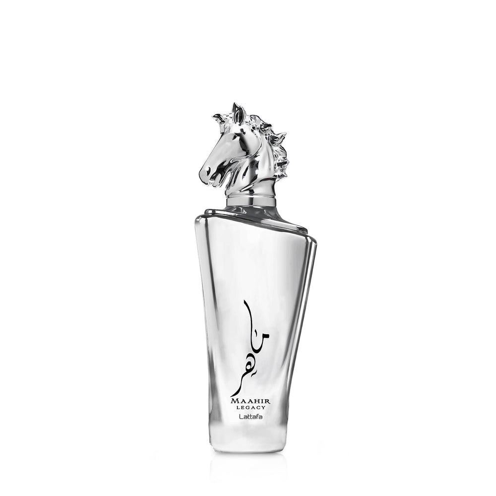 Lattafa Maahir Legacy bottle close-up for premium design.