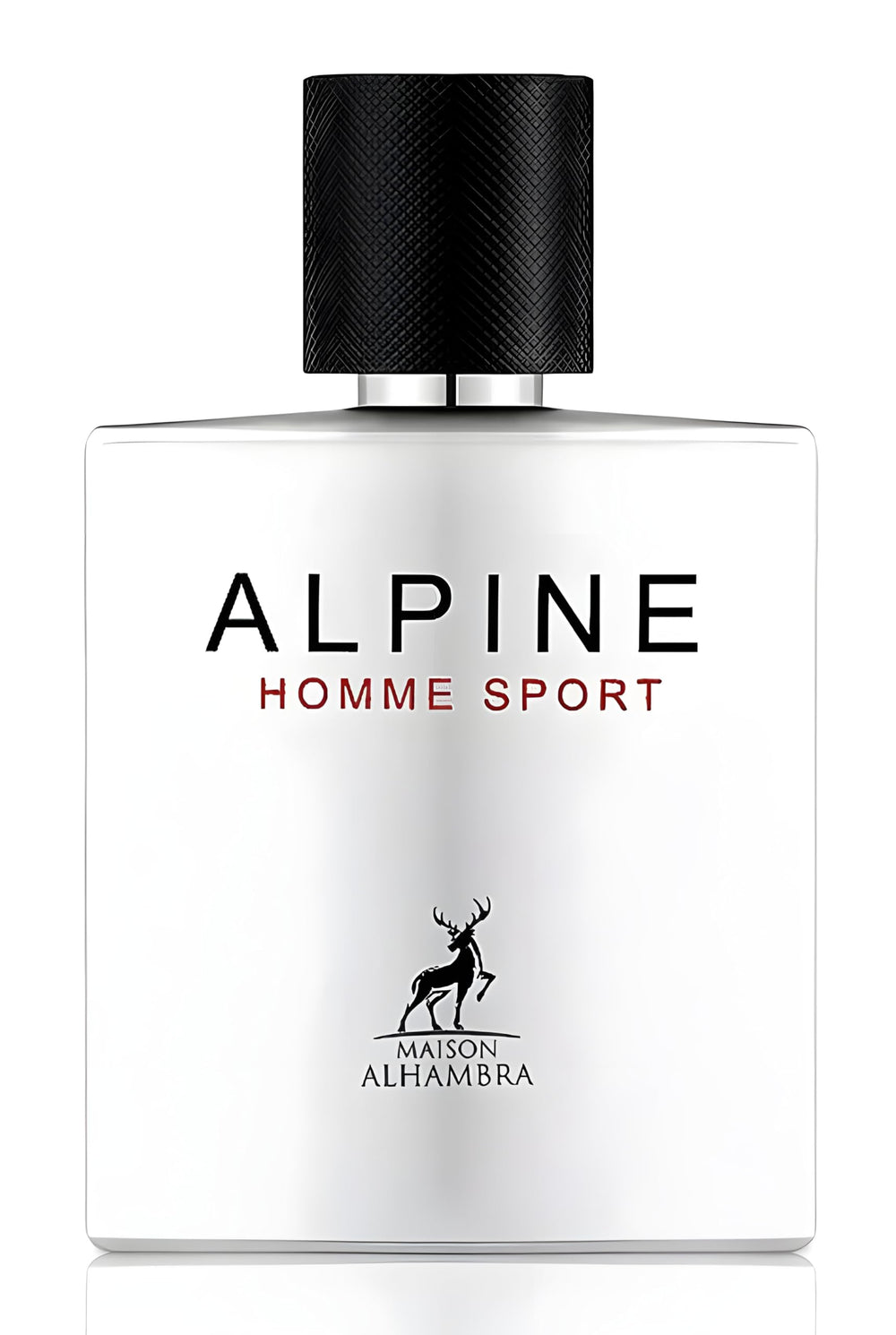 Lattafa Maison Alhambra Alpine Homme Sport bottle front, showcasing a bold design and confident aroma.
