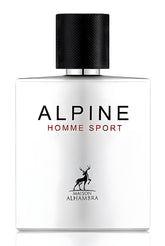 Lattafa Maison Alhambra Alpine Homme Sport bottle front, showcasing a bold design and confident aroma.