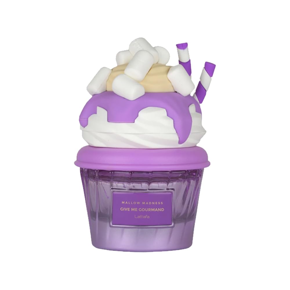 Lattafa Mallow Madness bottle front view reveals marshmallow-vanilla gourmand allure for evenings.