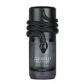 Lattafa Musamam Black Intense bottle front showing bold design for evening style