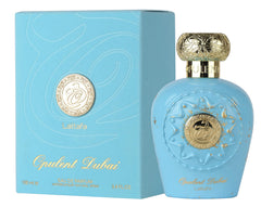 Lattafa Opulent Dubai bottle closeup with golden cap; sophisticated scent for upscale occasions.