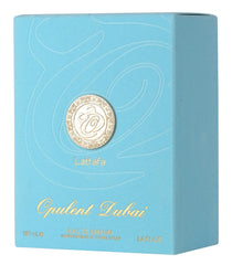 Lattafa Opulent Dubai bottle detail highlighting amber hues and elegant presentation.