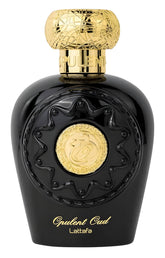 Lattafa Opulent Oud bottle front, unisex fragrance for any occasion.