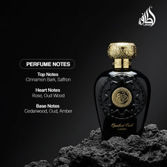 Lattafa Opulent Oud saffron-top notes reveal bright, floral hints.