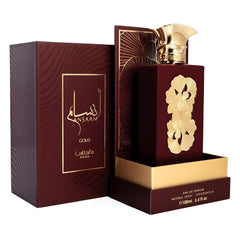 Lattafa Pride Ansaam Gold packaging box emphasizing luxury unisex fragrance.