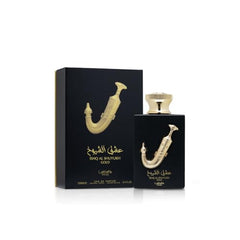 Lattafa Pride Ishq Al Shuyukh Gold packaging box signaling premium branding.