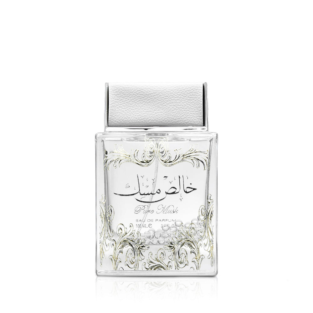 Lattafa Pure Musk bottle front view, highlighting unisex daily wear.