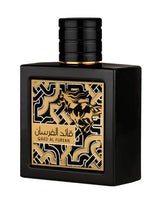 Lattafa Qaed Al Fursan bottle front showcases bold packaging for a confident fragrance choice.
