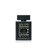 Lattafa Rave Now bottle front showcases a sleek geometric design, ideal for a bold fragrance statement.