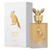 Lattafa Shaheen Gold bottle shown from the front for daily confidence.