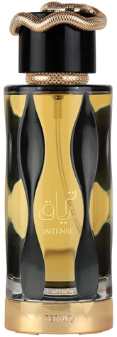 Lattafa Teriaq Intense bottle front view for a bold unisex statement.