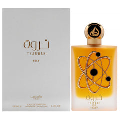 Lattafa Tharwah Gold bottle front view for elegant daily wear.