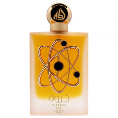 Lattafa Tharwah Gold bottle side angle showing sleek packaging.