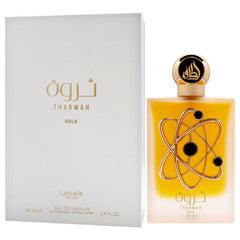 Lattafa Tharwah Gold gift box packaging for special occasions.