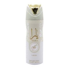Lattafa Yara Moi bottle being sprayed for long-lasting daily fragrance.