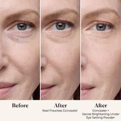 Close-up of Laura Mercier pearls highlighting eye-area brightness.