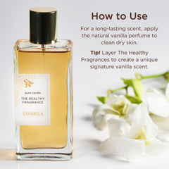 Lavanila Pure Vanilla Perfume packaging box emphasizes clean ingredients and Madagascar vanilla.