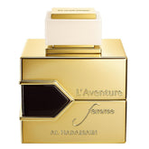 Al Haramain L'aventure bottle front showcases sleek design for elegant daily wear.