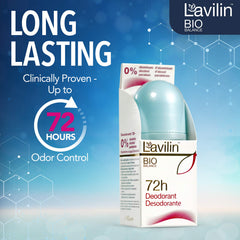 Lavilin roll-on deodorant packaging box highlights cruelty-free, paraben-free, alcohol-free formula for sensitive skin