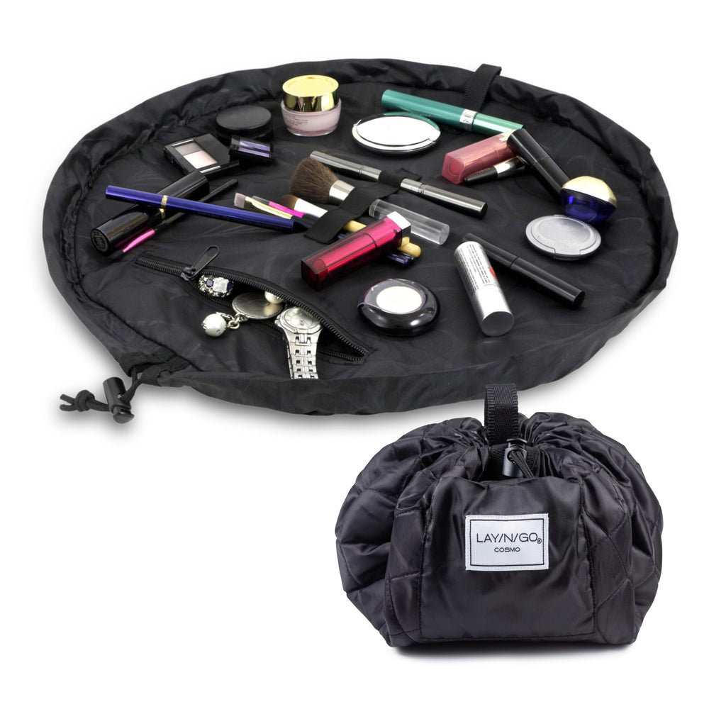 Lay-n-Go Cosmo layflat bag open for quick access to cosmetics while traveling