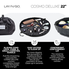 Cosmo bag zip pocket stores small items during hotel stays