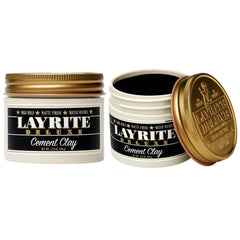 Layrite Deluxe Cement Clay close-up highlights clean matte finish on styled strands.