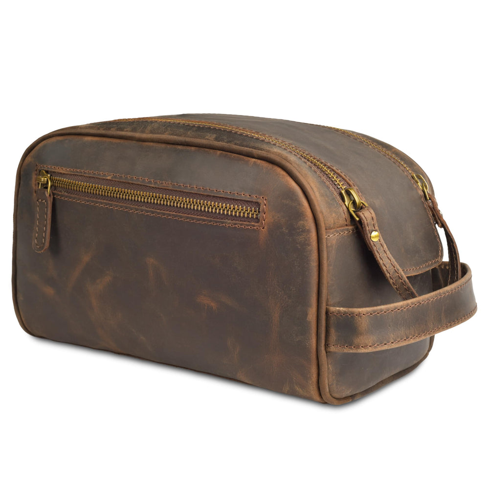 Leather Village Dopp kit in brown shows premium leather for travel-ready style